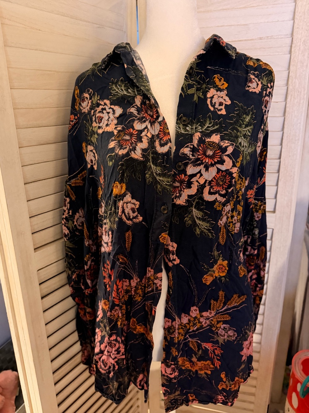 Anthropologie Navy Floral Hooded Button-Front Top
